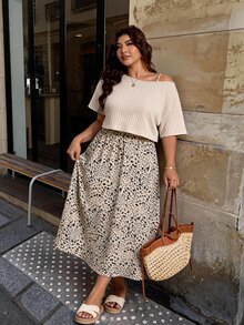 Elaquor Plus Size Vacation Casual Solid Color Top & Ditsy Floral Dress 2-Piece Set Casual Vacation Daily Going Out 2 Pieces Set For Women Casual Office Wear - Multicolor - View 2
