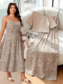 Elaquor Plus Size Vacation Casual Solid Color Top & Ditsy Floral Dress 2-Piece Set Casual Vacation Daily Going Out 2 Pieces Set For Women Casual Office Wear - Multicolor - View 9