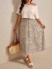 Elaquor Plus Size Vacation Casual Solid Color Top & Ditsy Floral Dress 2-Piece Set Casual Vacation Daily Going Out 2 Pieces Set For Women Casual Office Wear - Multicolor - View 6