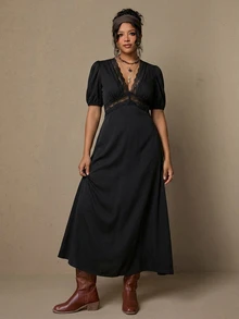 Freevana Women's Elegant Boho French Style Black Knit Deep V-Neck Lace Trim Puff Sleeve Maxi Dress - High Waisted Vintage Slim Fit Vacation Date Night Summer - Black - View 9