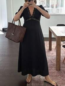 Freevana Women's Elegant Boho French Style Black Knit Deep V-Neck Lace Trim Puff Sleeve Maxi Dress - High Waisted Vintage Slim Fit Vacation Date Night Summer - Black - View 11