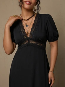 Freevana Women's Elegant Boho French Style Black Knit Deep V-Neck Lace Trim Puff Sleeve Maxi Dress - High Waisted Vintage Slim Fit Vacation Date Night Summer - Black - View 4
