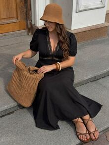 Freevana Women's Elegant Boho French Style Black Knit Deep V-Neck Lace Trim Puff Sleeve Maxi Dress - High Waisted Vintage Slim Fit Vacation Date Night Summer - Black - View 13