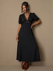 Freevana Women's Elegant Boho French Style Black Knit Deep V-Neck Lace Trim Puff Sleeve Maxi Dress - High Waisted Vintage Slim Fit Vacation Date Night Summer - Black - View 6