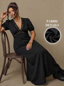 Freevana Women's Elegant Boho French Style Black Knit Deep V-Neck Lace Trim Puff Sleeve Maxi Dress - High Waisted Vintage Slim Fit Vacation Date Night Summer - Black - View 14
