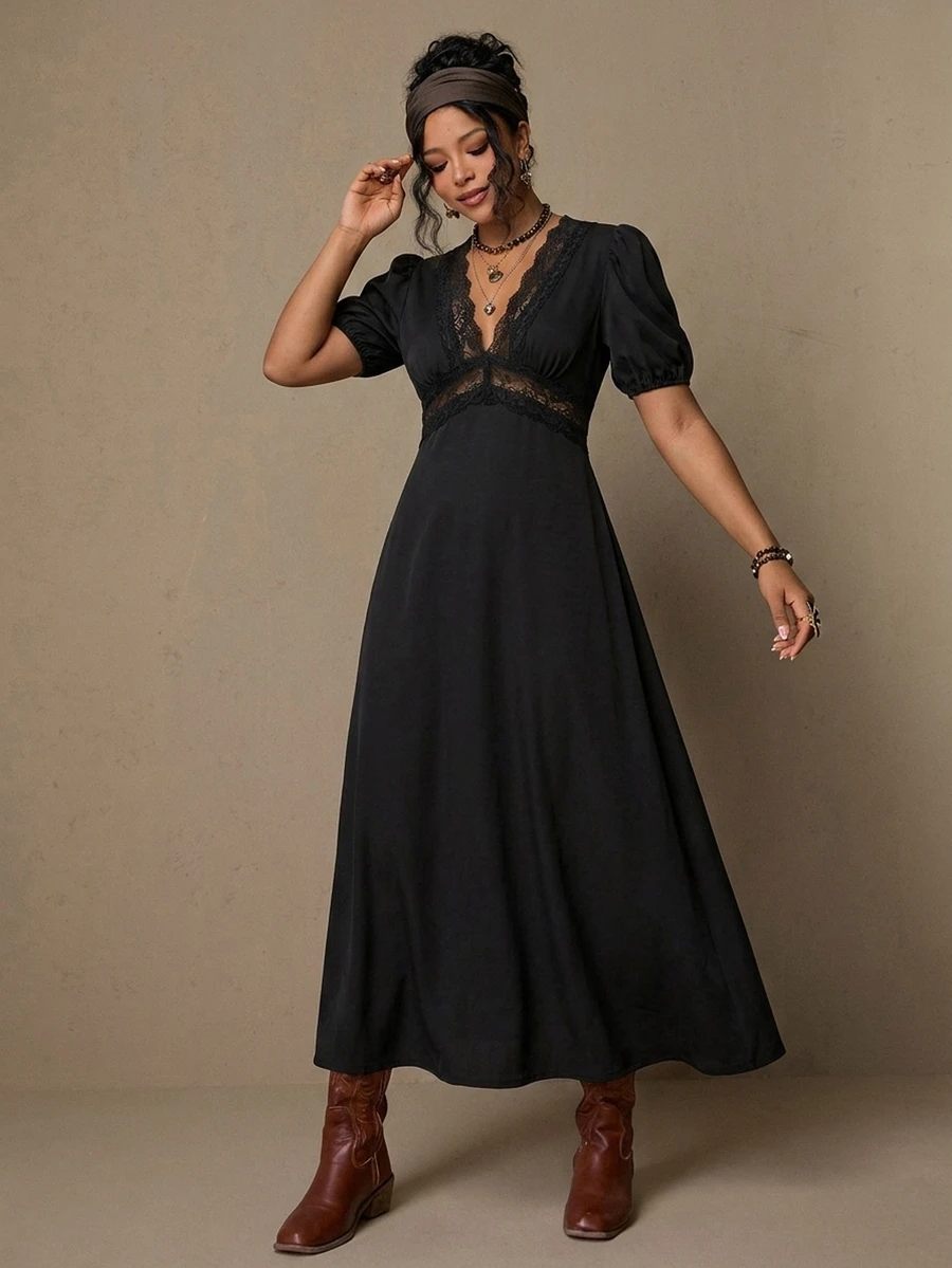 Freevana Women's Elegant Boho French Style Black Knit Deep V-Neck Lace Trim Puff Sleeve Maxi Dress - High Waisted Vintage Slim Fit Vacation Date Night Summer
