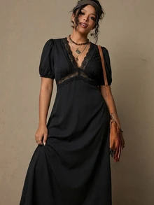 Freevana Women's Elegant Boho French Style Black Knit Deep V-Neck Lace Trim Puff Sleeve Maxi Dress - High Waisted Vintage Slim Fit Vacation Date Night Summer - Black - View 5