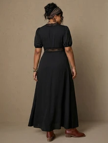 Freevana Women's Elegant Boho French Style Black Knit Deep V-Neck Lace Trim Puff Sleeve Maxi Dress - High Waisted Vintage Slim Fit Vacation Date Night Summer - Black - View 3