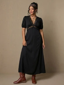 Freevana Women's Elegant Boho French Style Black Knit Deep V-Neck Lace Trim Puff Sleeve Maxi Dress - High Waisted Vintage Slim Fit Vacation Date Night Summer - Black - View 7