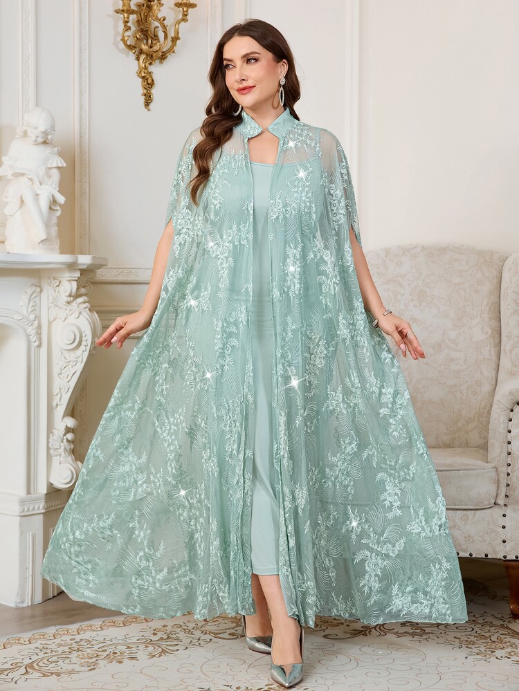 Reflora Plus Size Women's Lace Batwing Sleeve Cardigan And Camisole Dress Elegant 2 Pieces Set Wedding Cocktail Evening Formal Light Blue Baby Blue Summer - Green - View 8