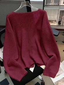SHEIN 女式宽松蝴蝶结装饰落肩长袖毛衣，秋冬 - 酒紅色 - 查看 2