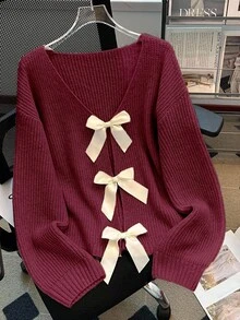 SHEIN 女式宽松蝴蝶结装饰落肩长袖毛衣，秋冬 - 酒紅色 - 查看 5