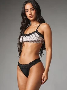 MISSGUIDED Leopard Print Bralette With Black Lace Trim And Adjustable Straps Soft Unlined Lingerie Valentine Gift - Brown - View 3