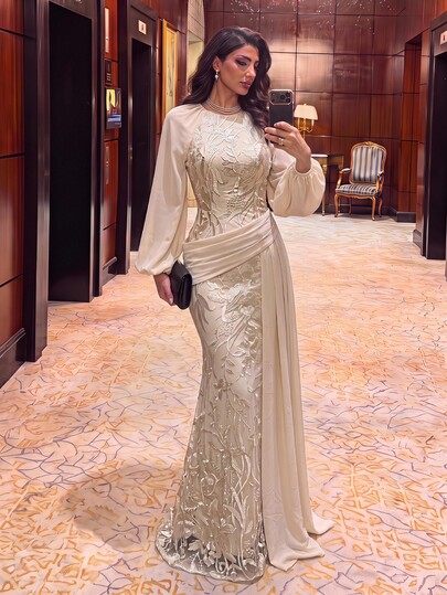 Aureia Elegant Romantic Fashion Sexy Graceful Khaki Sequin Embroidered Fabric Chiffon Patchwork Long Sleeve Cup Mermaid Skirt Elegant Party Dress Wedding Guest Dress Bachelorette Party Dress Formal Evening Gown