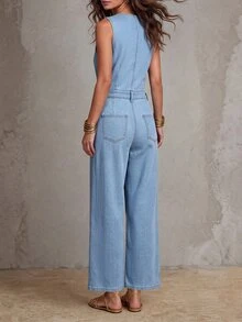 Everyssa Jumpsuit Denim Kasual Kaki Lebar Pinggang Tinggi Warna Biru Muda untuk Liburan Sehari-hari, Elastis, Nyaman, dan Menawan untuk Wanita di Musim Panas - Biru - View 2