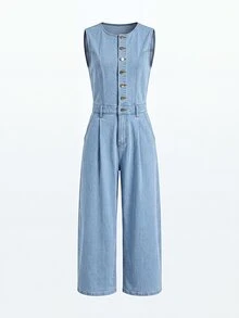 Everyssa Jumpsuit Denim Kasual Kaki Lebar Pinggang Tinggi Warna Biru Muda untuk Liburan Sehari-hari, Elastis, Nyaman, dan Menawan untuk Wanita di Musim Panas - Biru - View 4