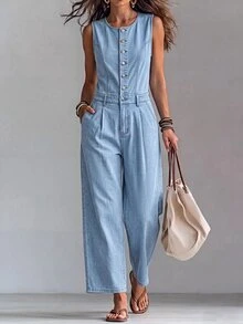 Everyssa Jumpsuit Denim Kasual Kaki Lebar Pinggang Tinggi Warna Biru Muda untuk Liburan Sehari-hari, Elastis, Nyaman, dan Menawan untuk Wanita di Musim Panas - Biru - View 1