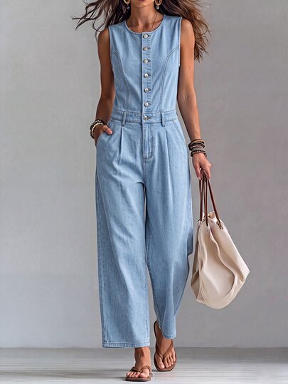 Everyssa Casual Wide Leg High Waist Blue Daily Stretchy Washed Comfortable Flattering Wear Denim Jumpsuit For Women