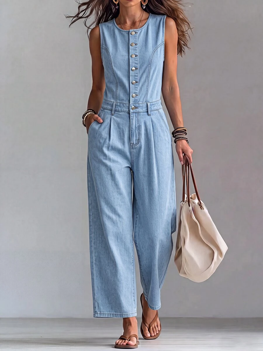 Everyssa Jumpsuit Denim Kasual Kaki Lebar Pinggang Tinggi Warna Biru Muda untuk Liburan Sehari-hari, Elastis, Nyaman, dan Menawan untuk Wanita di Musim Panas - Biru - View 1