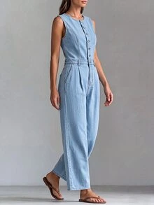 Everyssa Jumpsuit Denim Kasual Kaki Lebar Pinggang Tinggi Warna Biru Muda untuk Liburan Sehari-hari, Elastis, Nyaman, dan Menawan untuk Wanita di Musim Panas - Biru - View 3