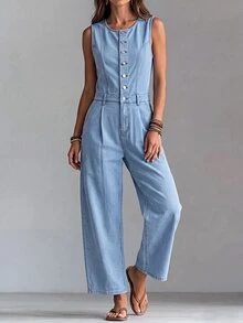 Everyssa Jumpsuit Denim Kasual Kaki Lebar Pinggang Tinggi Warna Biru Muda untuk Liburan Sehari-hari, Elastis, Nyaman, dan Menawan untuk Wanita di Musim Panas - Biru - View 7