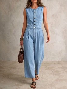 Everyssa Jumpsuit Denim Kasual Kaki Lebar Pinggang Tinggi Warna Biru Muda untuk Liburan Sehari-hari, Elastis, Nyaman, dan Menawan untuk Wanita di Musim Panas - Biru - View 6
