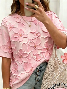 EMERY ROSE 大码女式碎花休闲上衣，夏季新品，粉色，花朵图案，时尚百搭，优雅风格，适合度假和约会 - 彩色 - 查看 3
