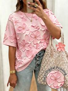 EMERY ROSE 大码女式碎花休闲上衣，夏季新品，粉色，花朵图案，时尚百搭，优雅风格，适合度假和约会 - 彩色 - 查看 1