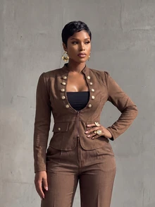 BamGlimmer Smart Casual Business Casual Elegant Coffee Brown Stand Collar Short Jacket For Women, Metal Button Slim Fit Zipper Utility, Office Autumn - Brown - View 2