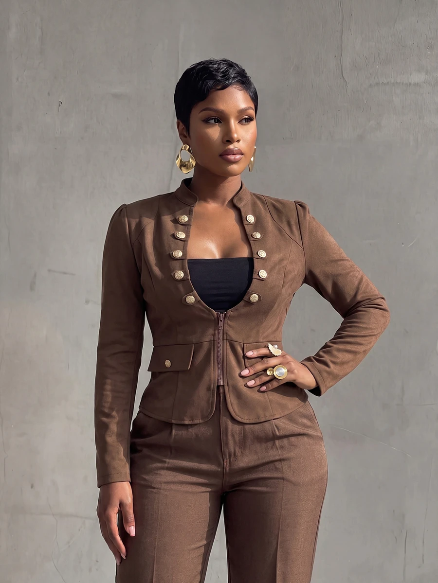 BamGlimmer Smart Casual Business Casual Elegant Coffee Brown Stand Collar Short Jacket For Women, Metal Button Slim Fit Zipper Utility, Office Autumn