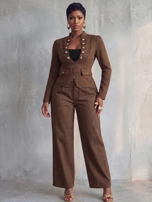 BamGlimmer Smart Casual Business Casual Elegant Coffee Brown Stand Collar Short Jacket For Women, Metal Button Slim Fit Zipper Utility, Office Autumn - Brown - View 7