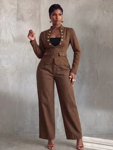 BamGlimmer Smart Casual Business Casual Elegant Coffee Brown Stand Collar Short Jacket For Women, Metal Button Slim Fit Zipper Utility, Office Autumn - Brown - View 4