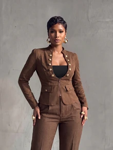 BamGlimmer Smart Casual Business Casual Elegant Coffee Brown Stand Collar Short Jacket For Women, Metal Button Slim Fit Zipper Utility, Office Autumn - Brown - View 6