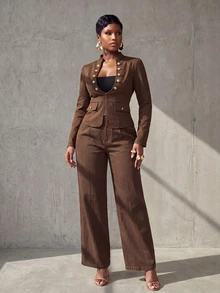 BamGlimmer Smart Casual Business Casual Elegant Coffee Brown Stand Collar Short Jacket For Women, Metal Button Slim Fit Zipper Utility, Office Autumn - Brown - View 5