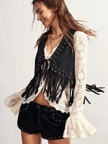 Bohemela Casual Solid Color Woven Tassel Women's Jacket - Black - View 5