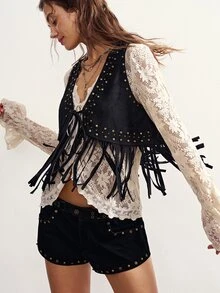 Bohemela Casual Solid Color Woven Tassel Women's Jacket - Black - View 6