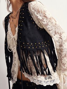 Bohemela Casual Solid Color Woven Tassel Women's Jacket - Black - View 7