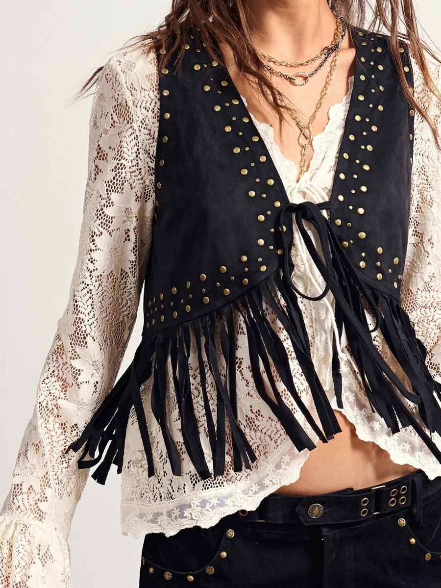 Bohemela Casual Solid Color Woven Tassel Women's Jacket - Black - View 1