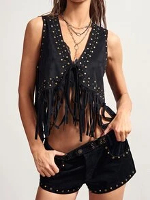 Bohemela Casual Solid Color Woven Tassel Women's Jacket - Black - View 3