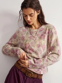 Bohemela Women's Casual Floral Print Sweater, Autumn/Winter - Apricot - View 8