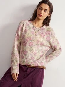 Bohemela Women's Casual Floral Print Sweater, Autumn/Winter - Apricot - View 3