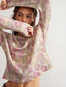 Bohemela Women's Casual Floral Print Sweater, Autumn/Winter - Apricot - View 2
