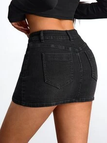Jeanoix Y2K Women's High Waist Black Slim Fit Elastic Bodycon Plus Size Denim Mini Skirt,Fall/Winter - Black - View 2