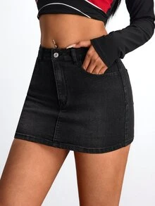 Jeanoix Y2K Women's High Waist Black Slim Fit Elastic Bodycon Plus Size Denim Mini Skirt,Fall/Winter - Black - View 5