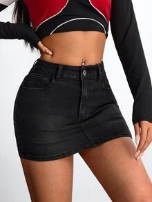 Jeanoix Y2K Women's High Waist Black Slim Fit Elastic Bodycon Plus Size Denim Mini Skirt,Fall/Winter - Black - View 1