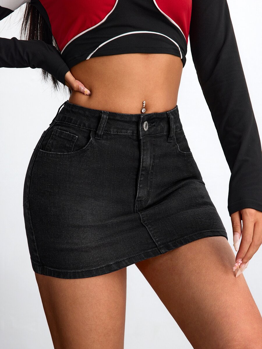 Jeanoix Y2K Women's High Waist Black Slim Fit Elastic Bodycon Plus Size Denim Mini Skirt,Fall/Winter - Black - View 1