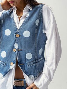 Bohemela Damen Polka Dot einreihige lässige Retro Vintage Weste Jacke Alltag Reise Marineblau Sommer - Aprikosenfarben - Übersicht 1