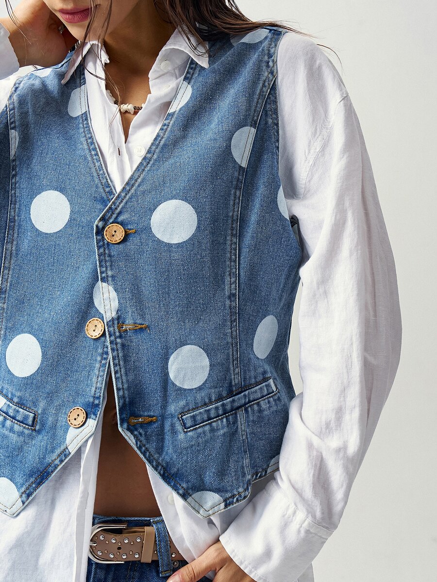 Bohemela Damen Polka Dot einreihige lässige Retro Vintage Weste Jacke Alltag Reise Marineblau Sommer - Aprikosenfarben - Übersicht 1