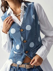 Bohemela Damen Polka Dot einreihige lässige Retro Vintage Weste Jacke Alltag Reise Marineblau Sommer - Aprikosenfarben - Übersicht 3