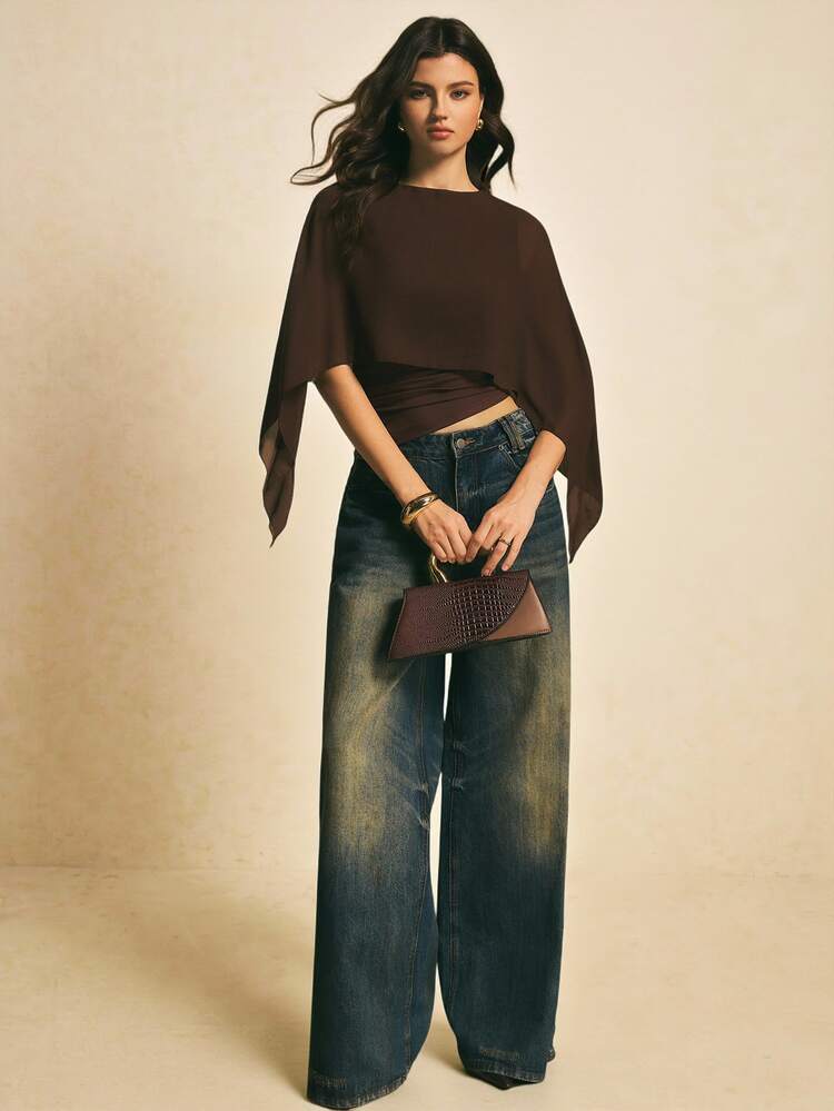 Poéselle Women's Dark Brown Elegant Cotton Knit Chiffon Splicing 2 In 1 Round Neck Top Summer Asymmetric Hem Tight Chic For Brunch Date Night Dinner Date - Brown - View 2